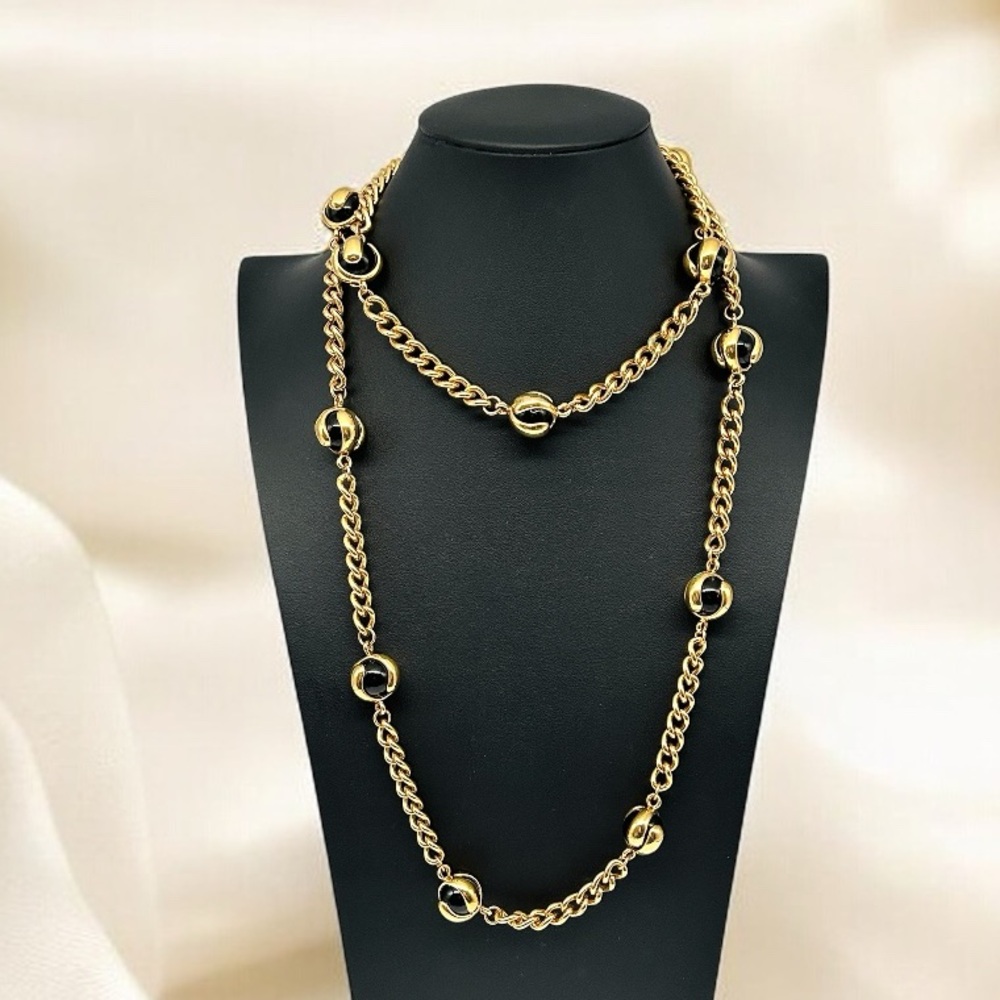 ⚜️ 46” Vintage St. John Gold Tone Wrapped Black Stone Station Opera Necklace ⚜️